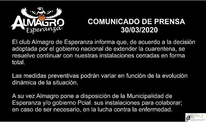 Club Almagro pone a disposición del Gob Prov o Municipal sus intalaciones por la pandemia