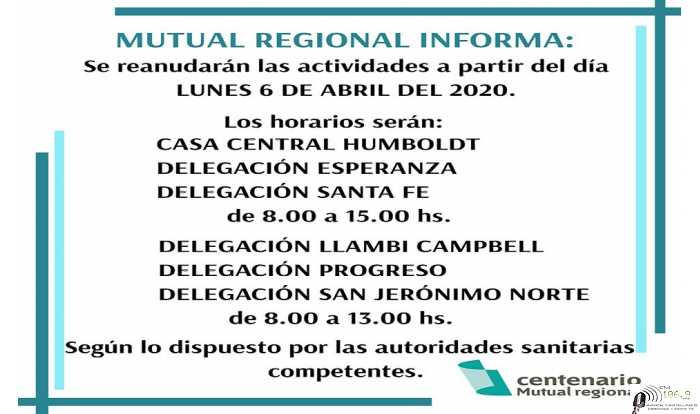 Mutual Regional Centenario de Humboldt comienza atender desde este lunes 6