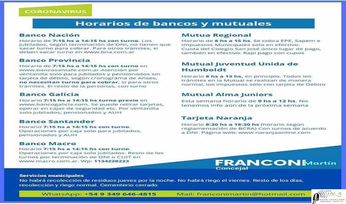  Horarios de bancos y mutuales para la próxima semana 