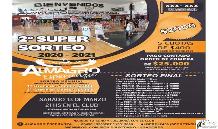 Almagro lanzó en este mes de julio su 2º Súper Sorteo 2020-2021 ,  viernes 10 de julio  organiza su Segunda Buseca Benéfica
