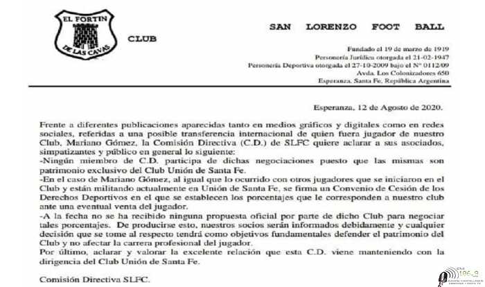 Comunicado Club San Lorenzo de Esperanza