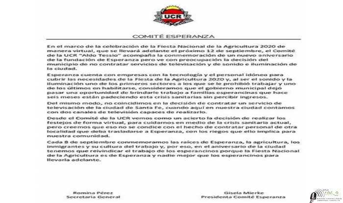 La UCR de Esperanza da su opinión sobre la celebración de la celebración Fiesta del 12 Sep de manera virtual