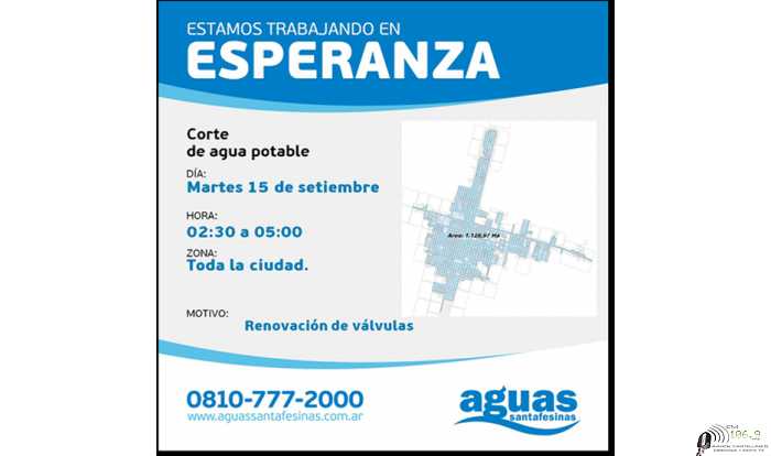Aguas Santafesinas informa a los usuarios de la ciudad de Esperanza que el miércoles 15 entre las 02:30 y las 05:00 se interrumpirá la provisión de agua potable 