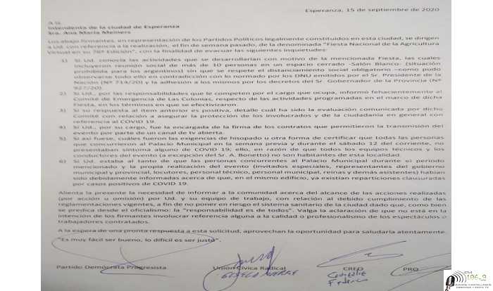 Nota firmada por 4 partidos politicos constituidos en Esperanza le enviaron a la intendenta Ana Meiners (ver aqui  nota)