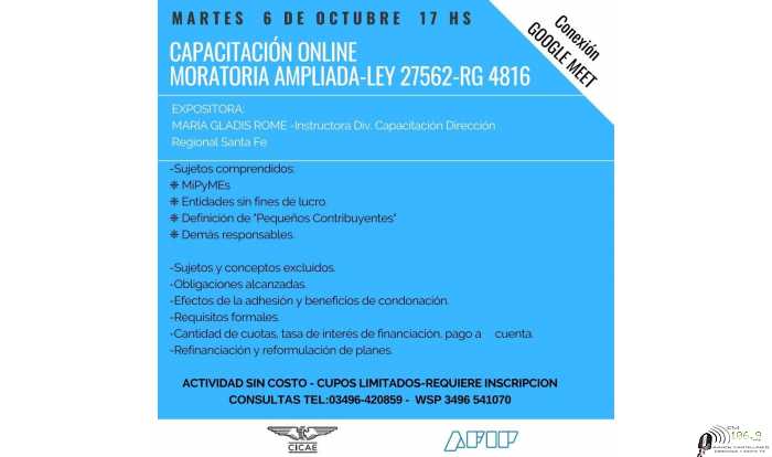 CICAE INVITA a participar este martes 6 de octubre Capacitación Online ,moratoria ampliada 17,00 horas