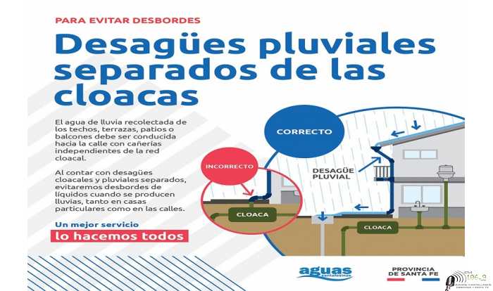 Aguas Santafesinas S.A. recuerda a sus usuarios que los sistemas domiciliarios de desagües cloacales deben estar separados de las descargas pluviales,