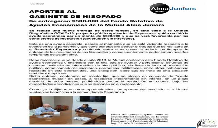 Mutual del Club Alma Jrs entrega al Gabinete de Hisopado, de Esperanza. $500.000 sin cobro de intereses