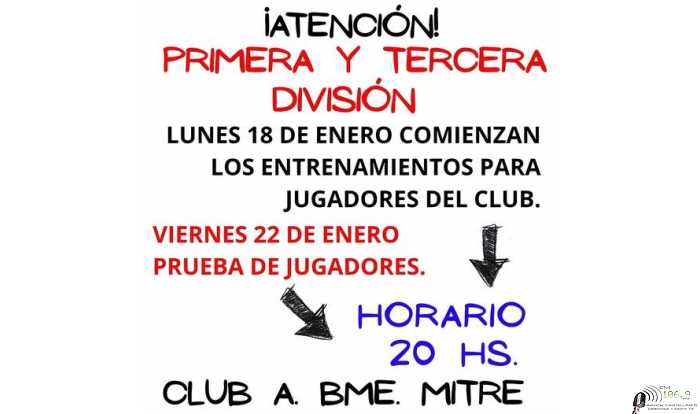 Club Bme Mitre comenzara con las practicas de 3era y Primera Div lunes 18 Enero