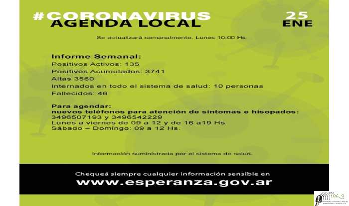 Información sanitaria actualizada al lunes 25 de enero a las 10:00 Hs