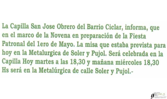 Hoy misa 18,30 en capilla San José obrero ver cambiós organizativos