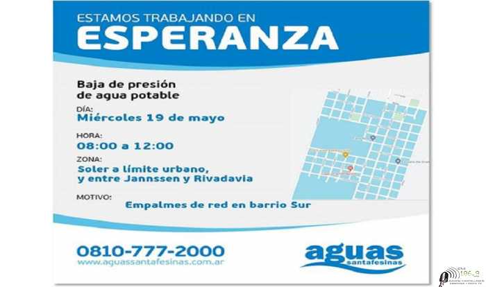 Aguas Santafesinas informa a los usuarios del barrio Sur de la ciudad de Esperanza que mañana miércoles 19 entre las 08:00 y las 12:00 