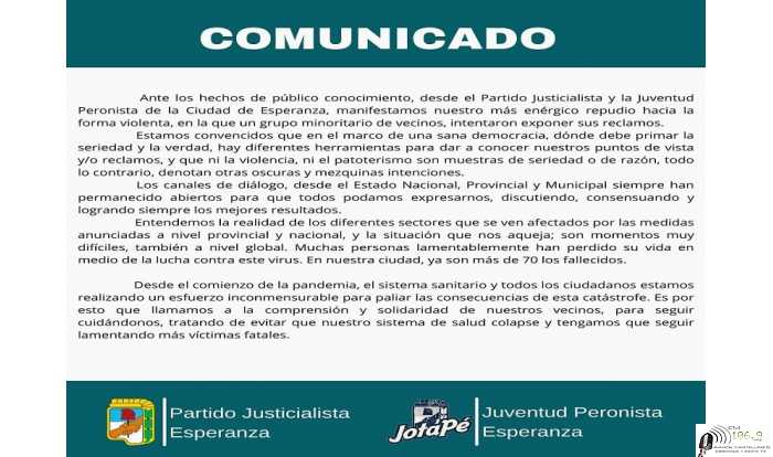 Comunicado del PJ y la J.P ante los reclamos de hoy frente al municipio