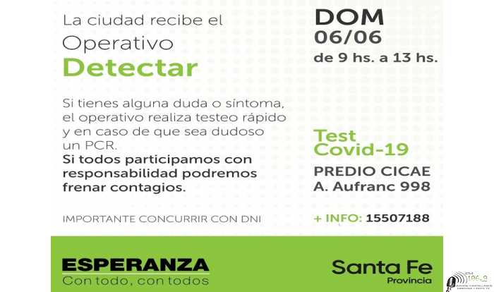 Este domingo llegan a Esperanza Operativo Detectar el Covid de 9 a 13 horas en predio CICAE