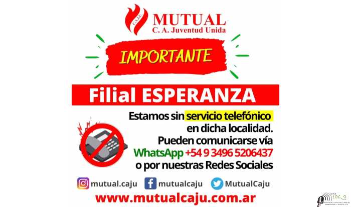 La Mutual del Club Juv Unida de Humboldt Filial Esperanza se encuentra sin servicio telefónico Fijo