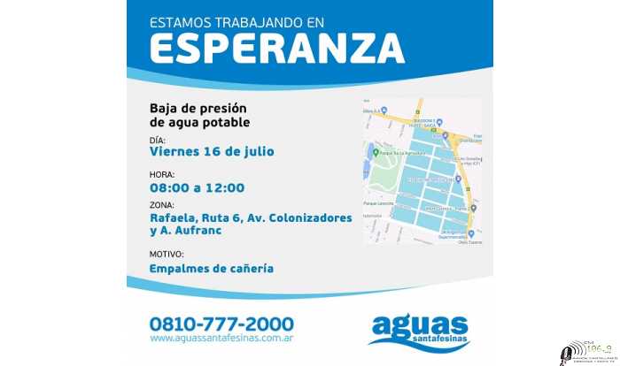 Aguas Santafesinas el viernes 16 de julio entre las 08:00 y las 12:00 disminuirá la presión de agua potable. 