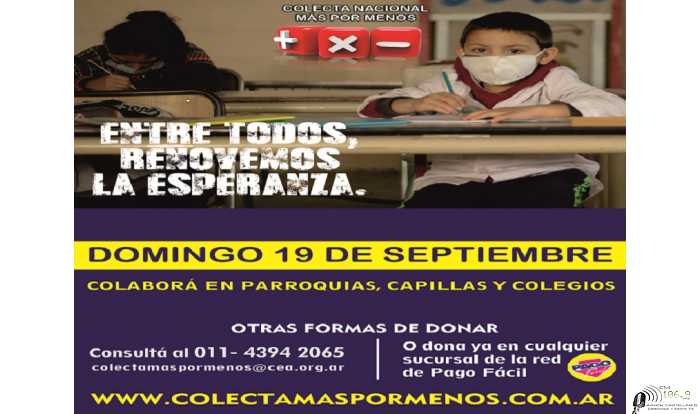  Domingo 19 de Setiembre se realizará la COLECTA NACIONAL MAS POR MENOS