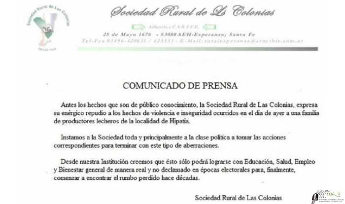Repudio Soc Rural Las Colonias por echos de violencias en zona rural de Hipatia a flia productores lecheros