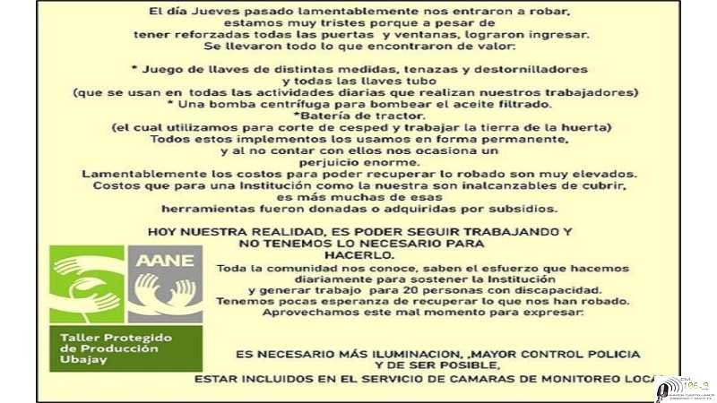 Ubajay Taller Protegido Producción sufieron un nuevo robo aqui comunicado