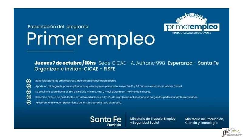Presentación de “Primer Empleo” en Esperanza,jueves 7 de octubre a las 10.00, en el Centro de Industria, Comercio y Afincados de Esperanza (CICAE),