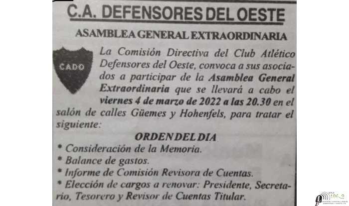 Club Defensores del Oeste llama asamblea para hoy viernes 4 marzo 2022