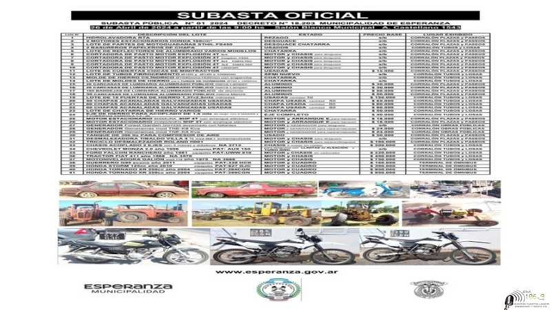 La Municipalidad de Esperanza brindó más detalles sobre la subasta a realizarse el próximo 26 de abril