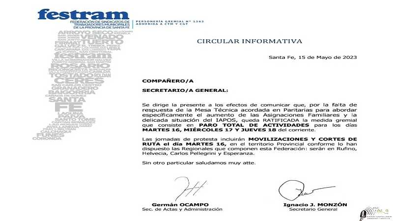 Festram va al paro por 72 horas en la provincia con protestas de Empleados aqui 2 resoluciones aprobadas por municipio