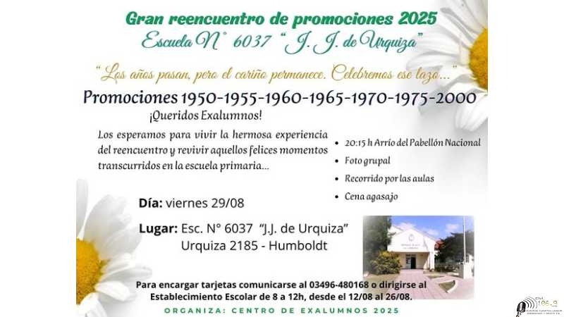 En Humboldt tendrán Cena del Reencuentro Escuela 6037 J.J.Urquiza
