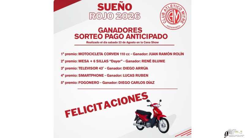 Los 5 ganadores de anoche de los premios opción Pago Anticipado Sueño Rojo 2026