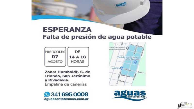 Miercoles 7 Agosto habra baja presión de agua al norte de Esperanza