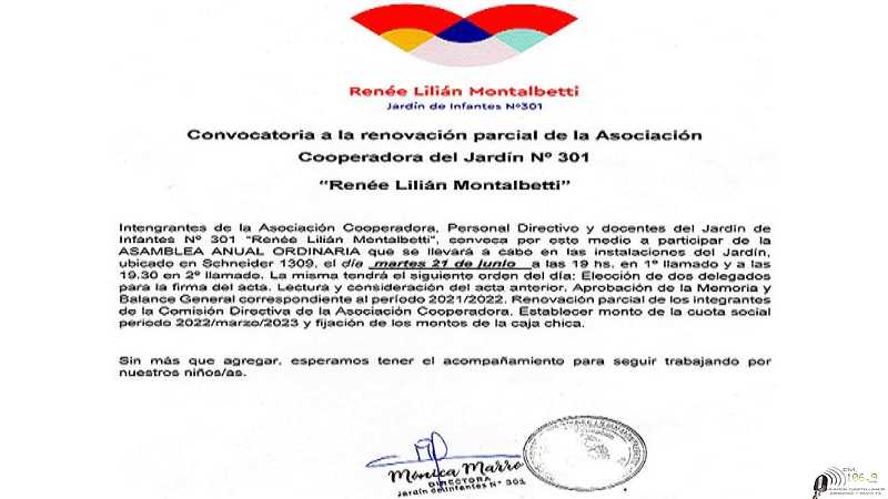 Convocan a renovación parcial Asoc Coop del Jardin N°301 Renée Lilian Montalbetti