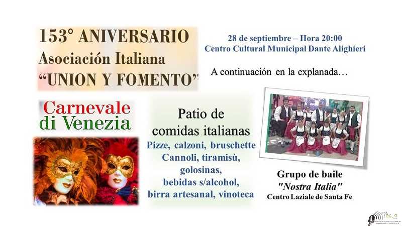 Sábado 28 de septiembre invitan para celebrar nuestro aniversario153° Aniv Sociedad Italiana