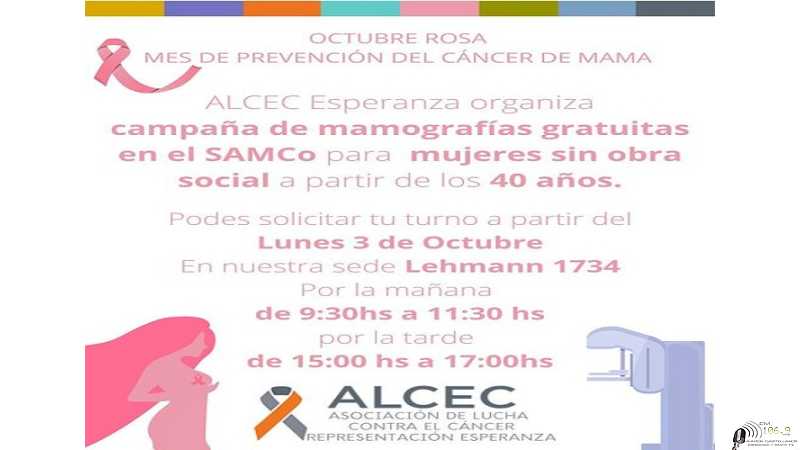 Alcec invita anotarse para la atención en mamografía gratuita en el Samco para mujeres que no tienen obra social