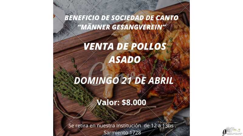 Venta de pollos a la parrilla a beneficio de la Sociedad de Canto domingo 21 de abril