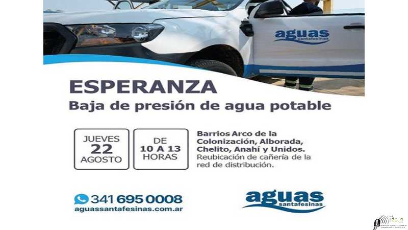 Jueves 22 abra baja presión de agua potable en Barrios zona este de la ciudad