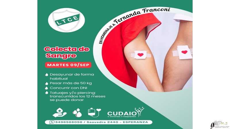 La 10° Colecta Sangre se hará en el LTCE el martes 9 Septiembre colaboremos