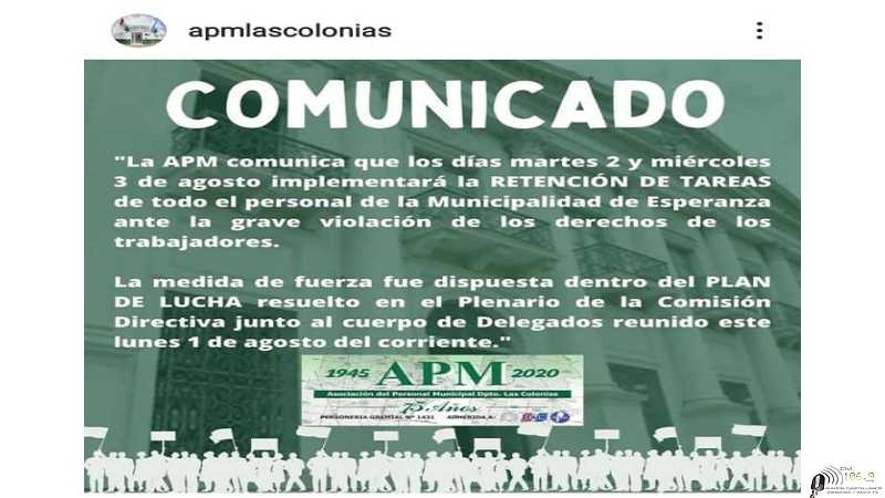 A.P.M INFORMA 2 Y 3 AGOSTO Inplementará retención de  tareas de todo el plantel empleados municipales