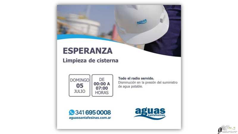 Domingo 5 de julio desde las 00:00 hasta las 07:00 se registrará disminución en la presión del suministro de agua potable