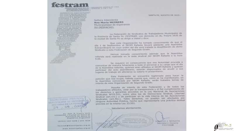 Festram y un comunicado con nota a la intendenta Municipal Ana Meiners
