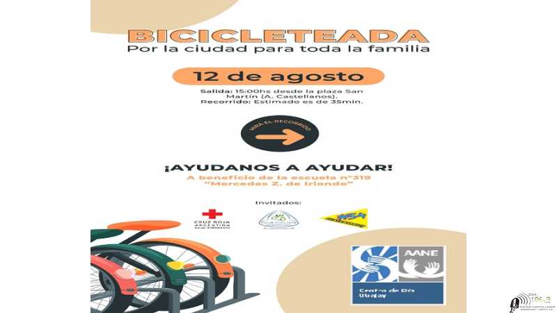 El sábado 12 de agosto se realizará una “Ciclata Solidaria”, a las 15 hs. en la Plaza San Martín. organizada por el Centro de Día Ubajay – AANE