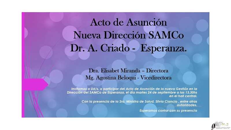 Martes 24 Septiembre 13, 30 horas asumen nuevas autoridades en el Samco de Esperanza