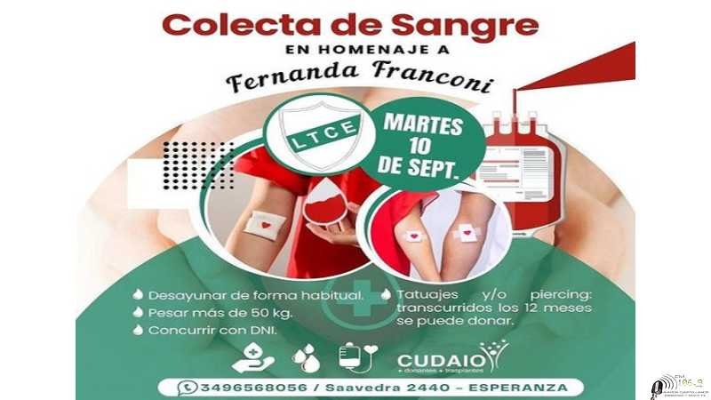8ª Colecta de Sangre en Lawn Tennis Club Esperancino.Martes 10 de septiembre De 8 a 13 horas