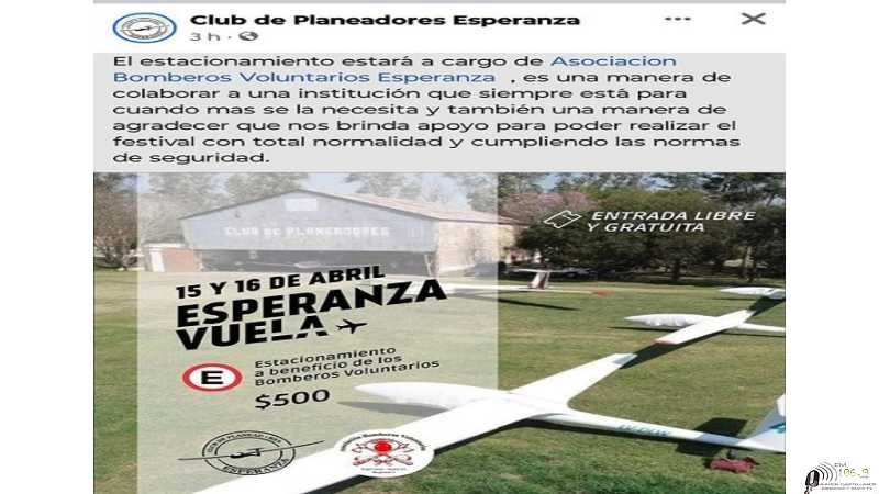 Festival en Club de Planeadores de Esperanza 15 y 16 de Abril entrada gratis y se otorga un beneficio a Bomberos Voluntarios